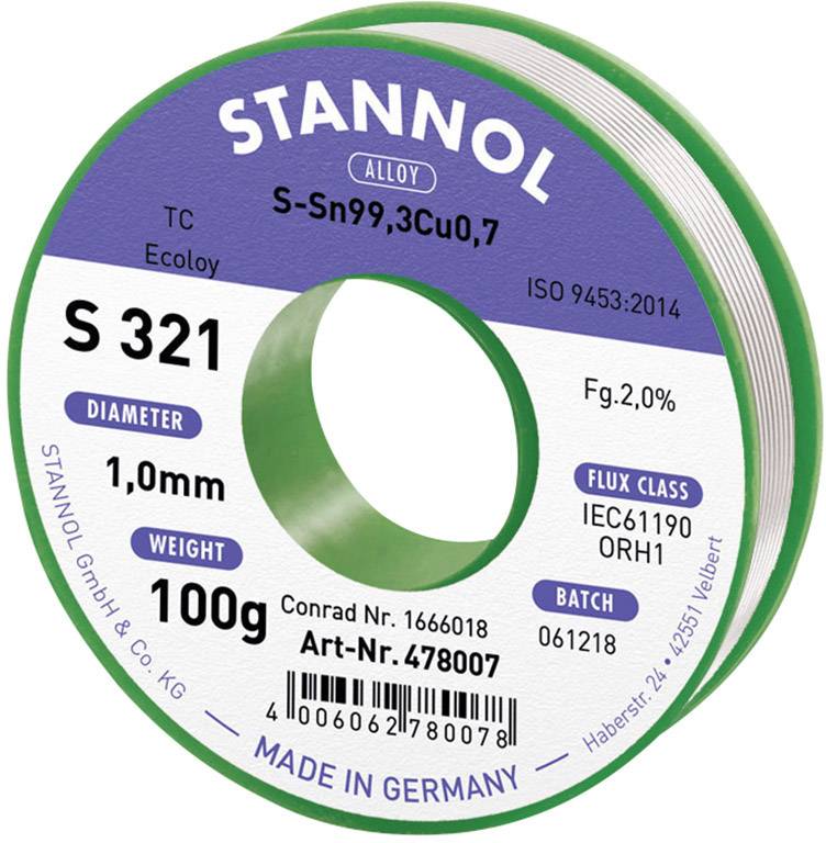 Stannol S321 2,0% 1,0MM SN99,3CU0,7CD 100G Étain à souder sans plomb sans plomb, bobine Sn99,3Cu0,7 ORH1 100 g 1 mm