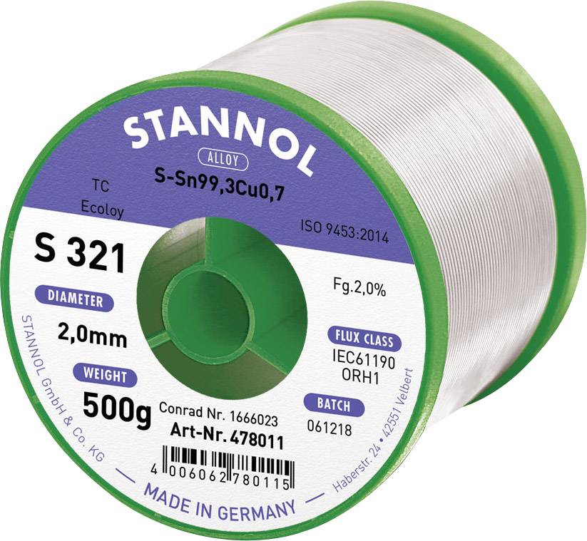 Stannol S321 2,0% 2,0MM SN99,3CU0,7CD 500G Étain à souder sans plomb sans plomb, bobine Sn99,3Cu0,7 ORH1 500 g 2 mm