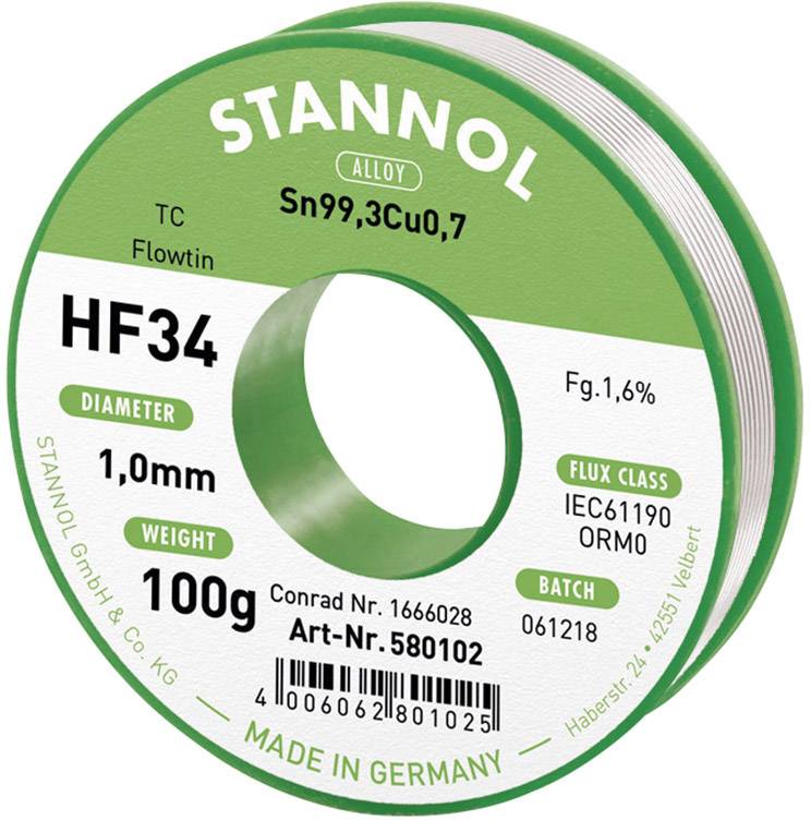 Stannol HF34 1,6% 1,0MM FLOWTIN TC CD 100G Étain à souder sans plomb bobine, sans plomb Sn99,3Cu0,7 ORM0 100 g 1 mm