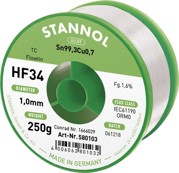 Stannol HF34 1,6% 1,0MM FLOWTIN TC CD 250G Étain à souder sans plomb bobine, sans plomb Sn99,3Cu0,7 ORM0 250 g 1 mm