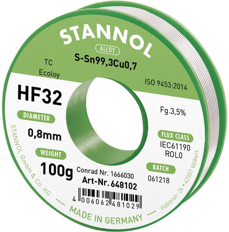 Stannol HF32 3,5% 0,8MM SN99,3CU0,7 CD 100G Étain à souder sans plomb sans plomb, bobine Sn99,3Cu0,7 ROL0 100 g 0.8 mm