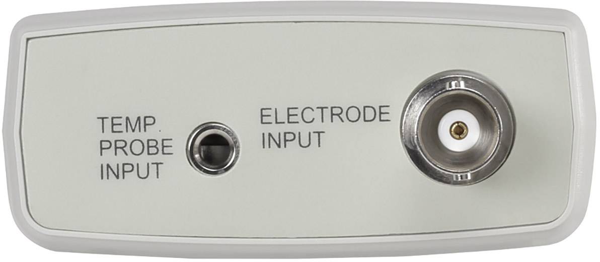 Un appareil avec des connexions : à gauche 'ENTRÉE SONDE DE TEMPÉRATURE' pour le capteur de température et à droite 'ENTRÉE ÉLECTRODE' pour l'électrode.