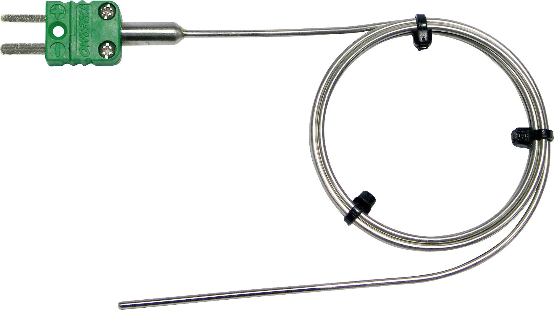 Thermocouple avec connecteur vert et câble torsadé, utilisé pour la mesure de température.