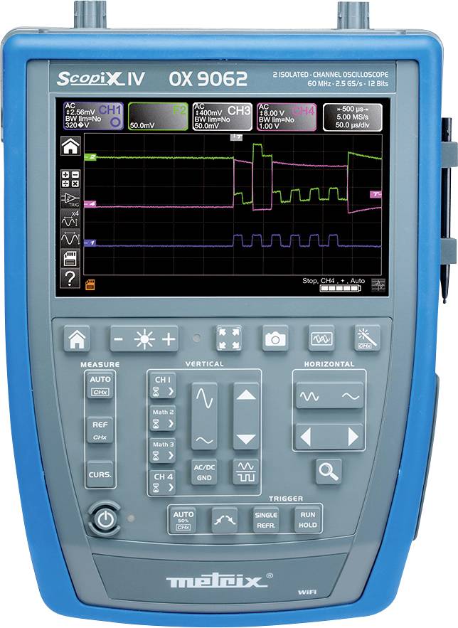 Oscilloscope bleu avec écran affichant différentes courbes et valeurs de mesure. Des touches de contrôle et d'options d'affichage sont situées en dessous.