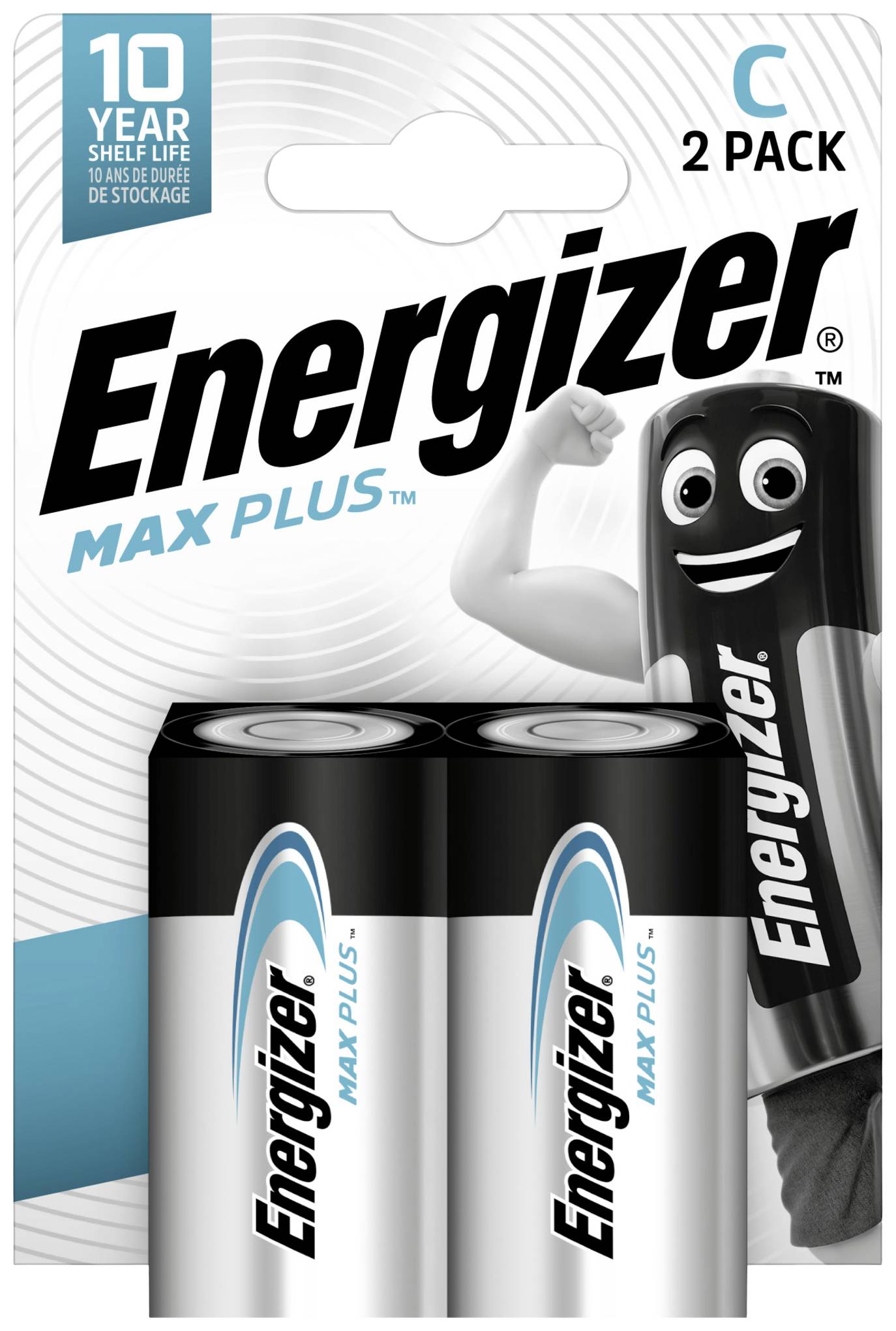 Deux piles Energizer Max Plus dans un emballage avec un dessin d'une figurine de batterie avec des bras. L'emballage met en avant « Durée de conservation de 10 ans ».