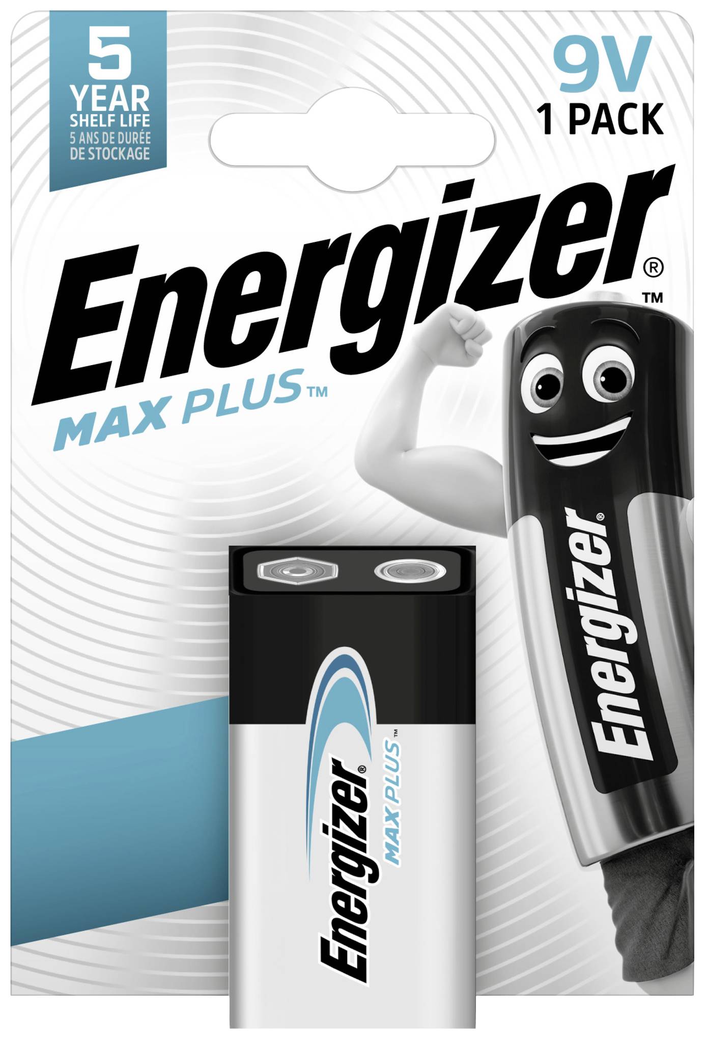 Emballage d'une pile Energizer Max Plus 9V avec une figurine de batterie stylisée en bande dessinée, montrant ses muscles. Durée de conservation de 5 ans.