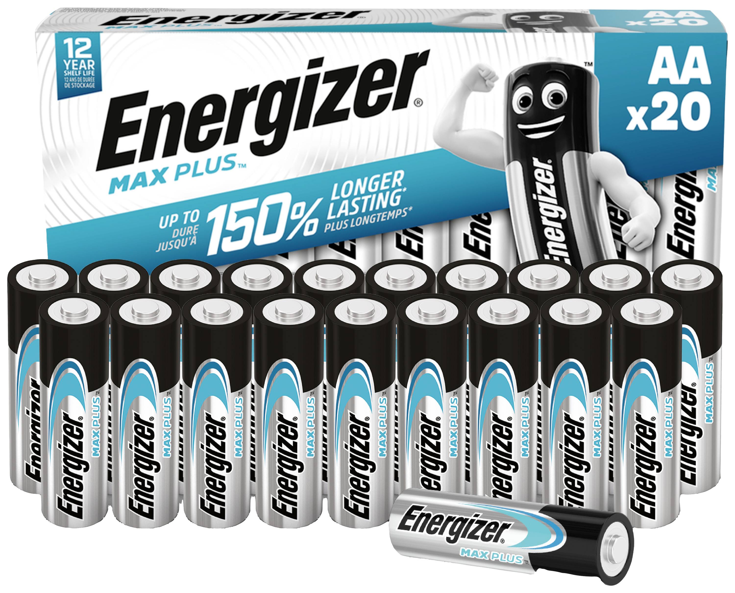 Emballage de piles Energizer Max Plus AA en lot de 20 pièces. Inscription : '150% plus longue durée'. Comprend une rangée de batteries et la mascotte.
