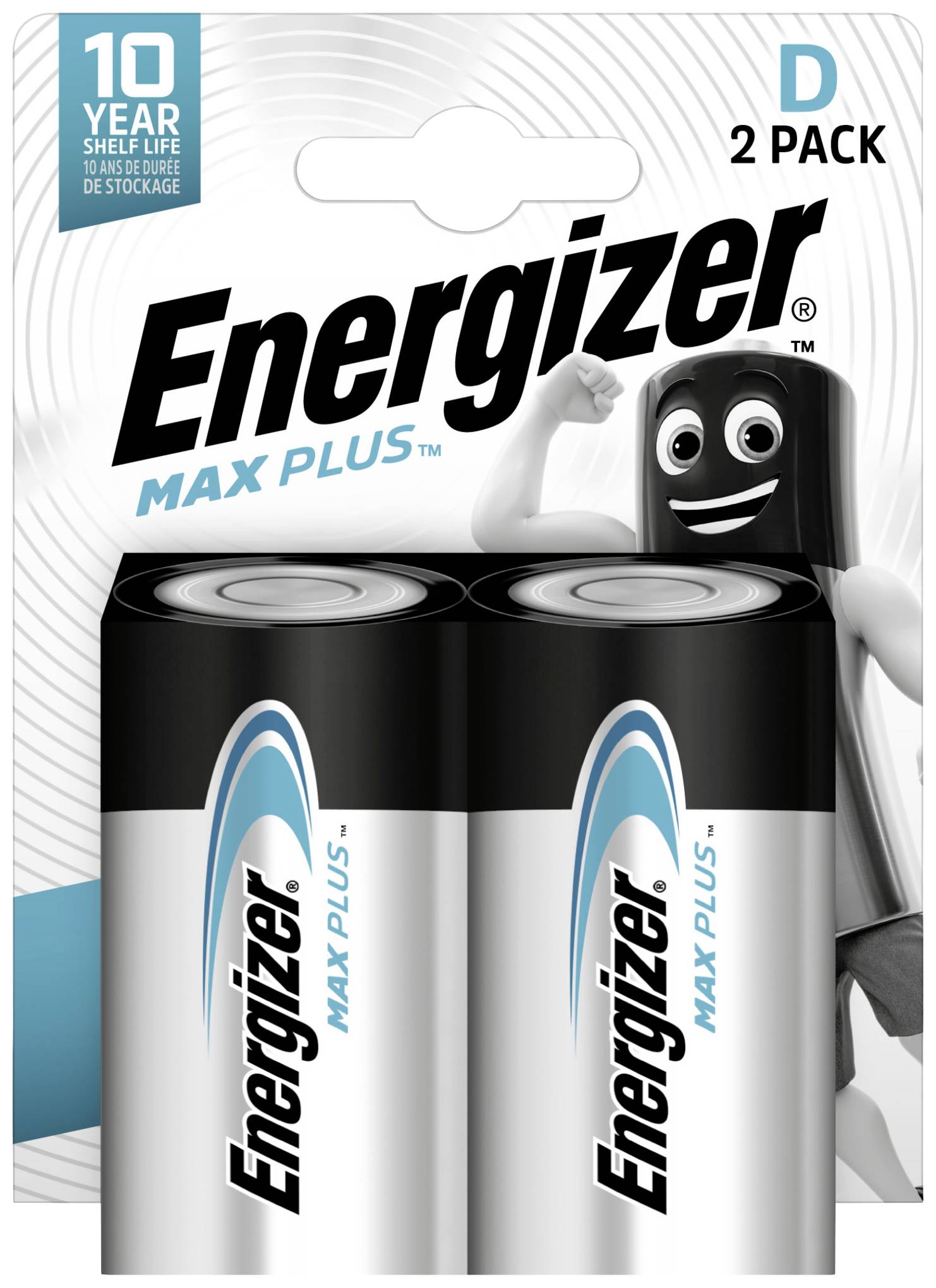 Deux piles 'Energizer Max Plus' en pack de deux. L'emballage met l'accent sur une durée de conservation de 10 ans. La mascotte sourit en arrière-plan.