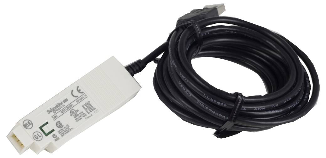 Module de capteur électronique blanc avec un câble noir enroulé et un connecteur de prise, présenté sur un fond neutre.