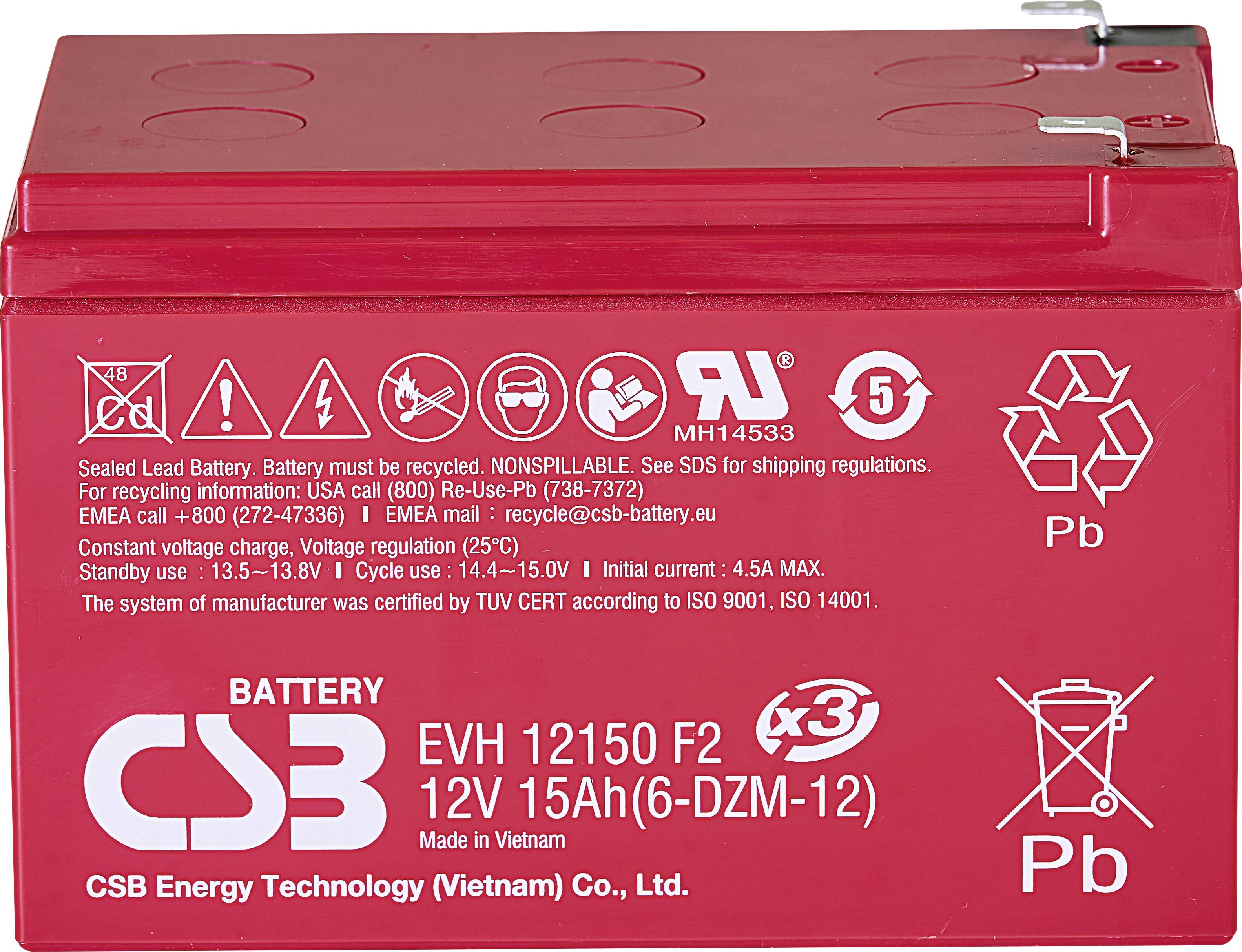 CSB Battery EVH 12150 EVH12150X3 Batterie au plomb 12 V 15 Ah plomb (AGM) (l x H x P) 151 x 102 x 98 mm cosses plates 6,35