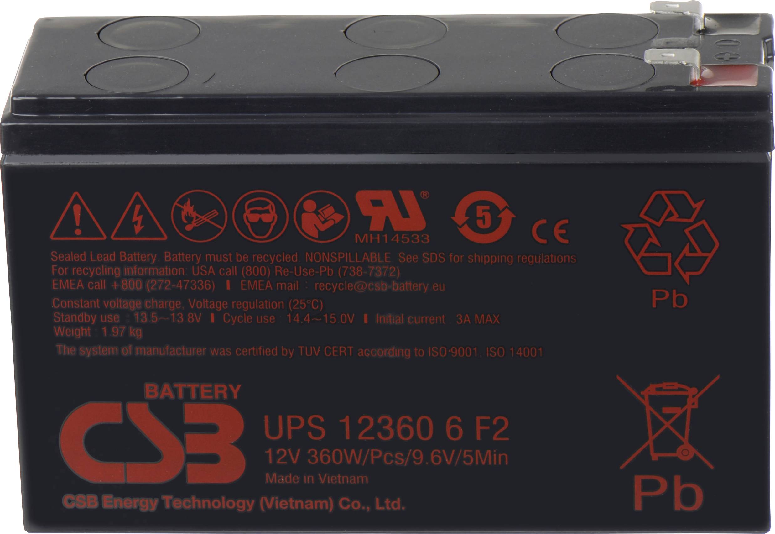 CSB Battery UPS 123606 high-rate UPS123606F1F2 Batterie au plomb 12 V 7 Ah plomb (AGM) (l x H x P) 151 x 99 x 51 mm cosses plates
