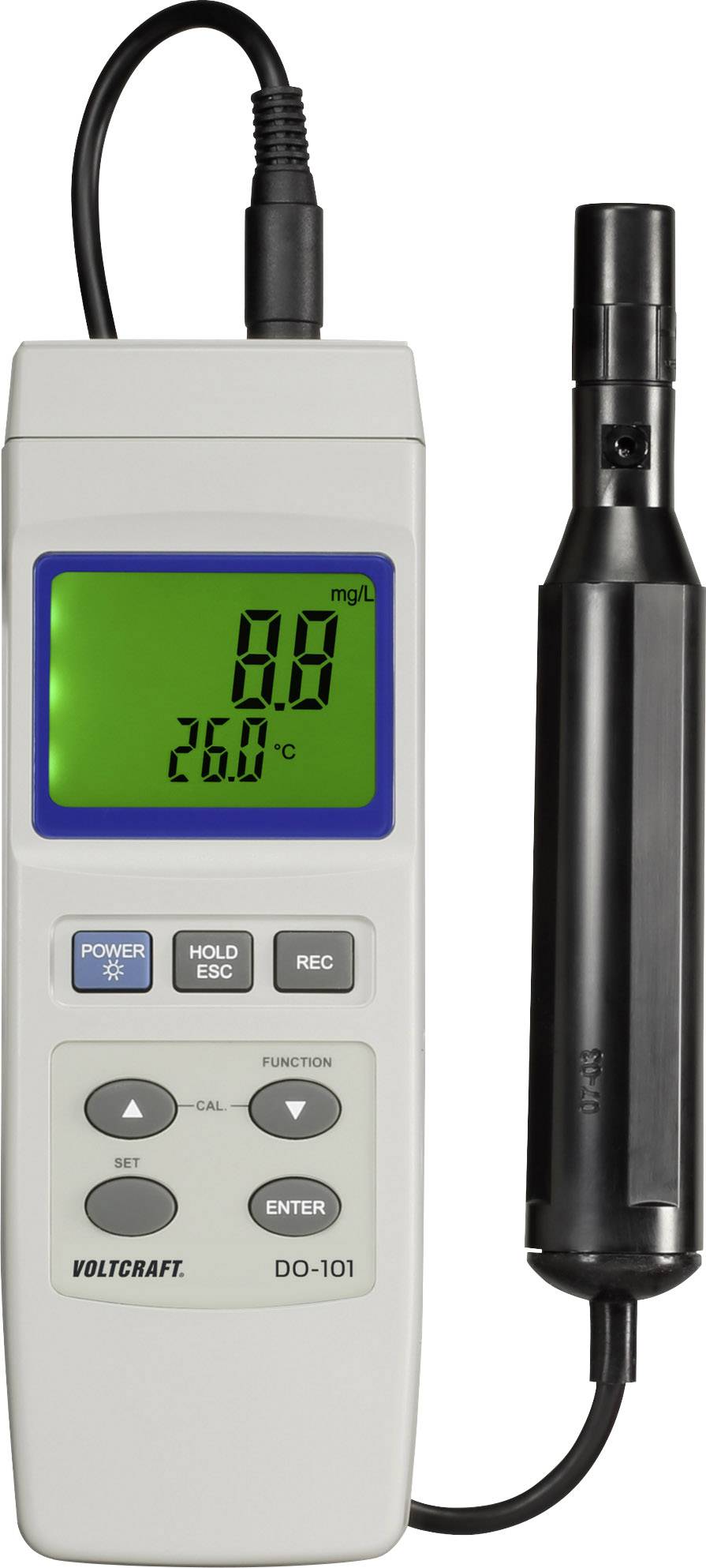 Appareil de mesure portable avec affichage numérique, indiquant la concentration d'oxygène (9,0 mg/l) et la température (26,0 °C), capteur noir à droite.