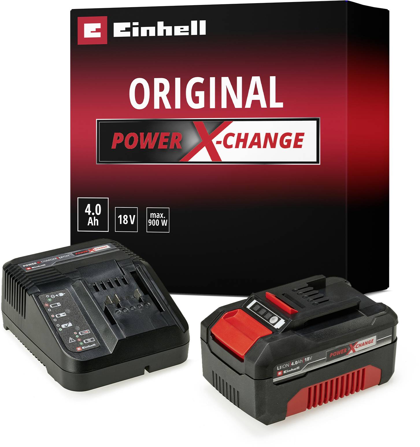 Deux chargeurs Einhell Power-X-Change et batteries côte à côte, avec un design noir et rouge, pour une utilisation polyvalente des outils.