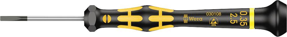 Un tournevis de précision à manche noir avec des accents jaunes. La pointe est plate. Le manche indique la taille '0.3x6'.