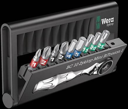 Ensemble de bits de torsion Zyklop Mini de Wera avec dix embouts de différentes couleurs et tailles, alignés dans un support noir.