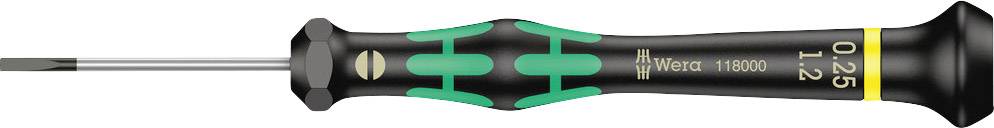 Tournevis à fente avec manche vert et noir et repère jaune, taille 0,25x1,2, pour un travail de précision.