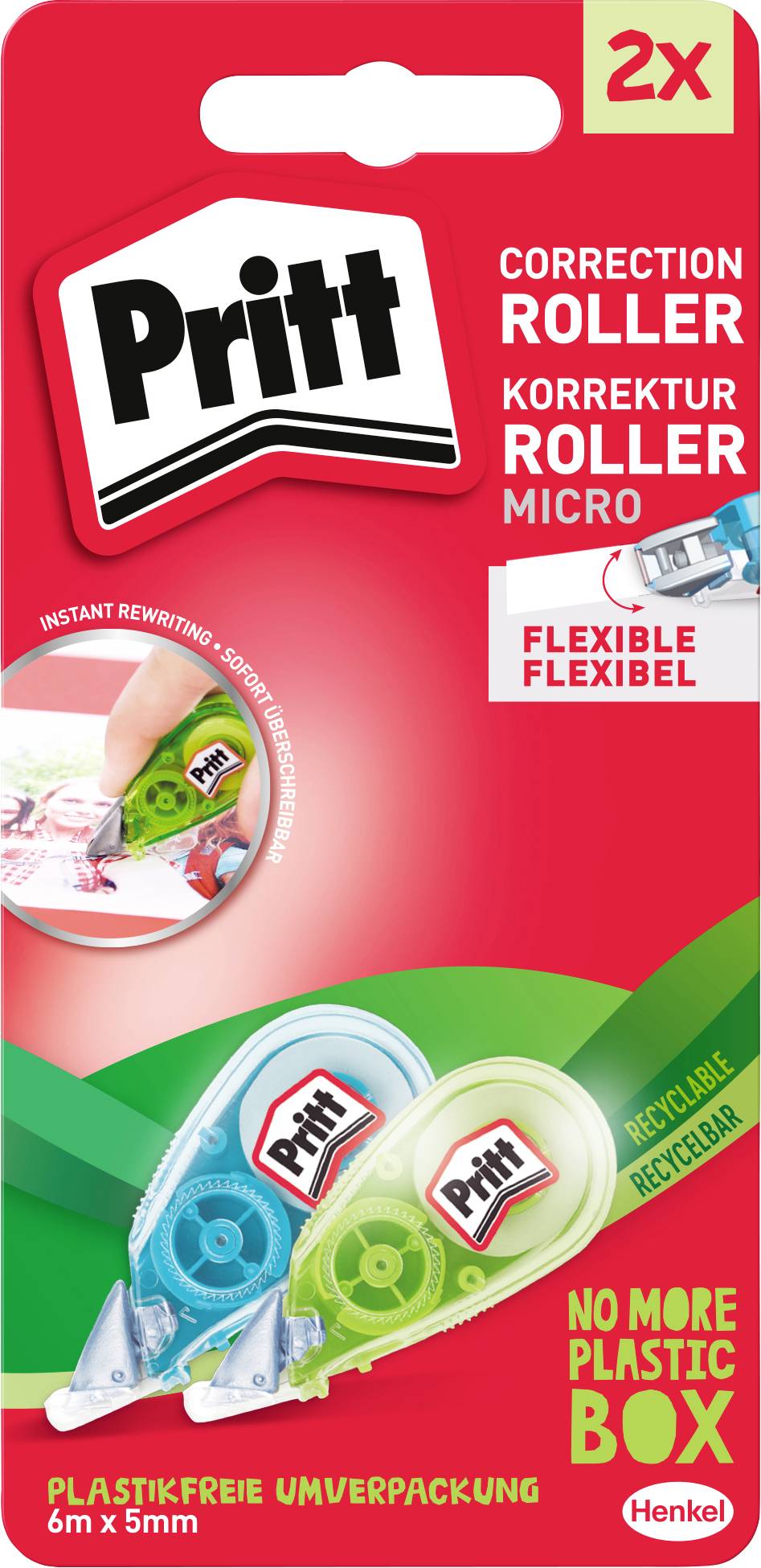 Roller de correction Pritt présentant deux rollers et mettant en avant 'Réécritures Instantanées', 'Flexible', 'Recyclable', 'Fini le Boîtier Plastique'