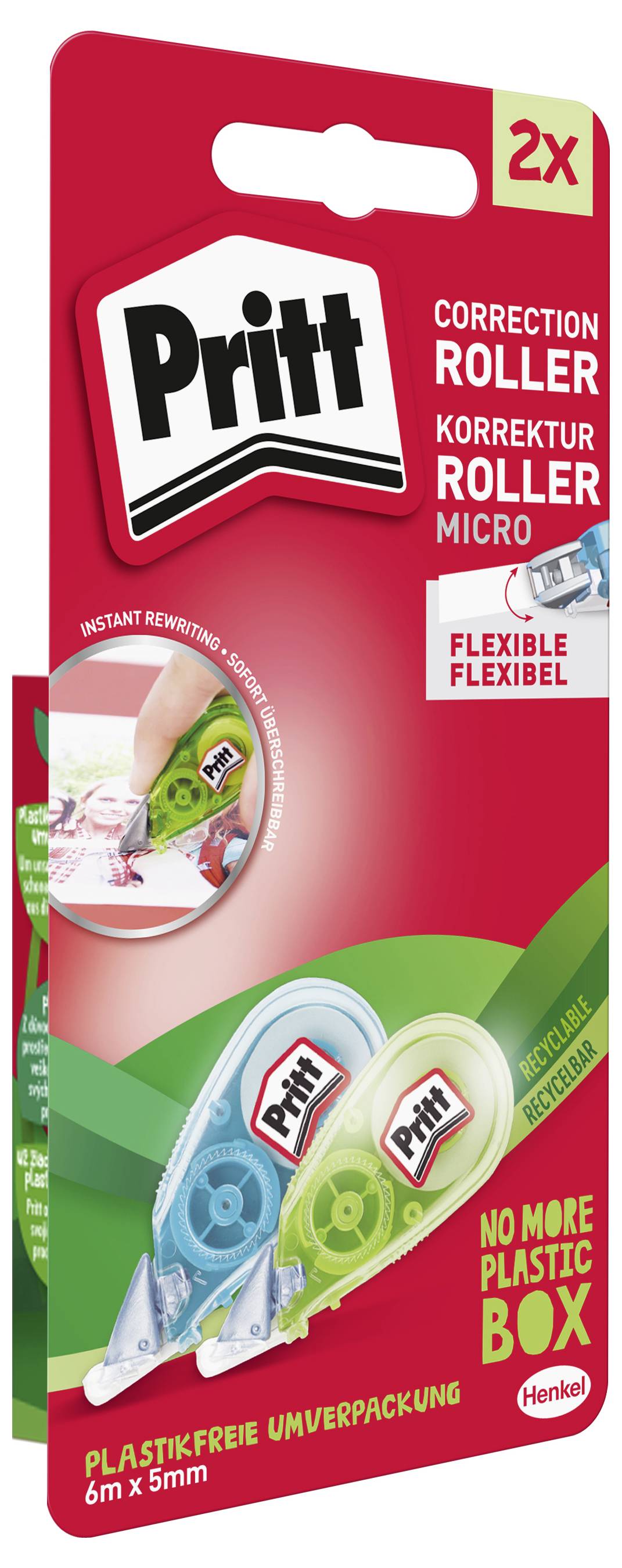 Roller de correction Pritt avec deux rouleaux ; les caractéristiques comprennent la « réinscription instantanée », « flexible », et « fini la boîte en plastique ».