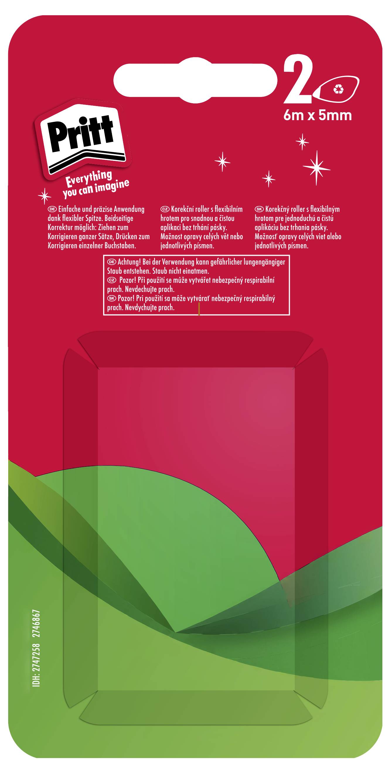 Emballage de ruban correcteur 'Pritt' avec un fond rouge et un design vert. Indique '2 rubans, 6m x 5mm'.