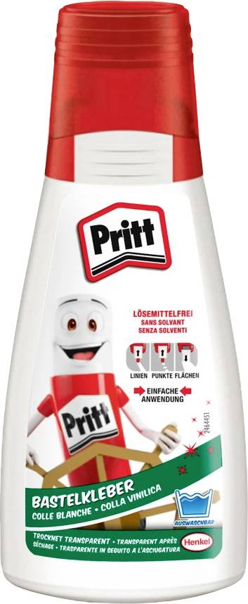 Une bouteille de colle blanche Pritt avec un bouchon rouge, présentant un personnage de dessin animé souriant et des étiquettes multilingues soulignant qu'elle est sans solvant.