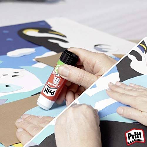 Personne utilisant un stick de colle Pritt rouge pour assembler un collage en papier coloré.