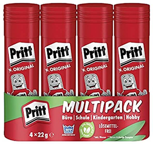 «Multipack de quatre bâtons de colle Pritt Original, adaptés aux usages bureautiques, scolaires et de loisirs, sans solvant, 22g chacun.»