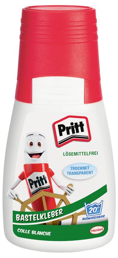 Une bouteille de colle Pritt avec un personnage de dessin animé souriant sur l'étiquette, mettant en évidence les caractéristiques « sans solvant » et « sèche transparente ».