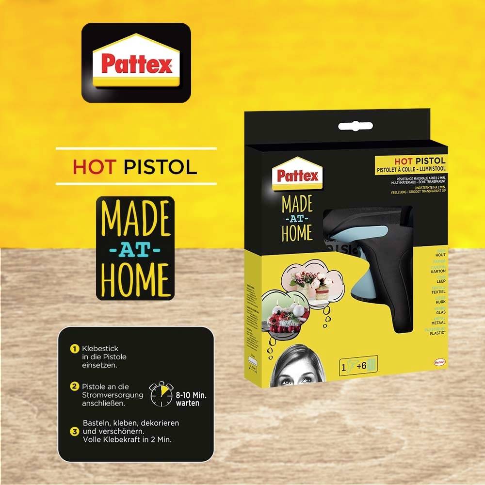 Emballage du pistolet à colle 'Pattex Hot Pistol' avec un fond jaune. La notice montre le branchement, un préchauffage de 8-10 minutes. Fonctions : bricolage, décoration.