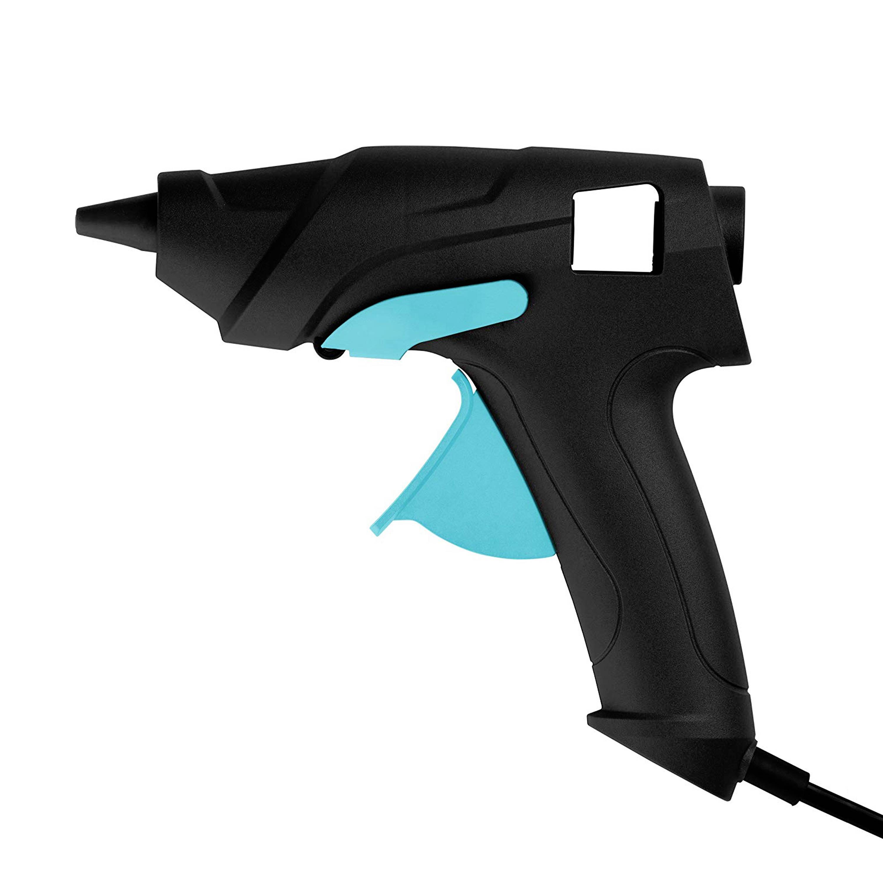 Un pistolet à colle noir et sarcelle avec une buse pointue et un interrupteur à gâchette, relié à un cordon, présenté sur un fond blanc.