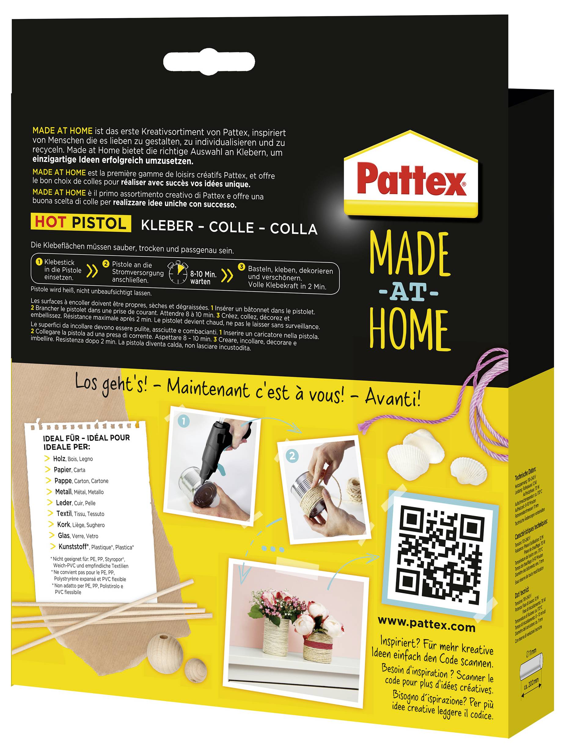 Une boîte en carton portant l'inscription « Pattex Fabriqué à la maison », présentant des images d'articles de bricolage et d'outils. Le texte, rédigé dans plusieurs langues, détaille l'utilisation de l'adhésif.