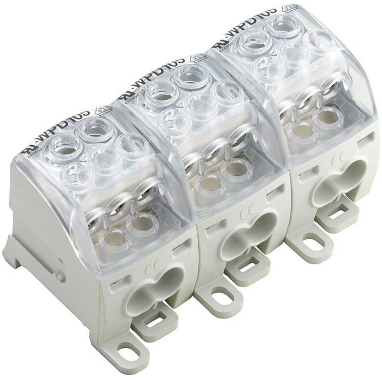 Un connecteur de câble tripolaire transparent avec des bornes métalliques visibles, adapté aux connexions électriques domestiques.