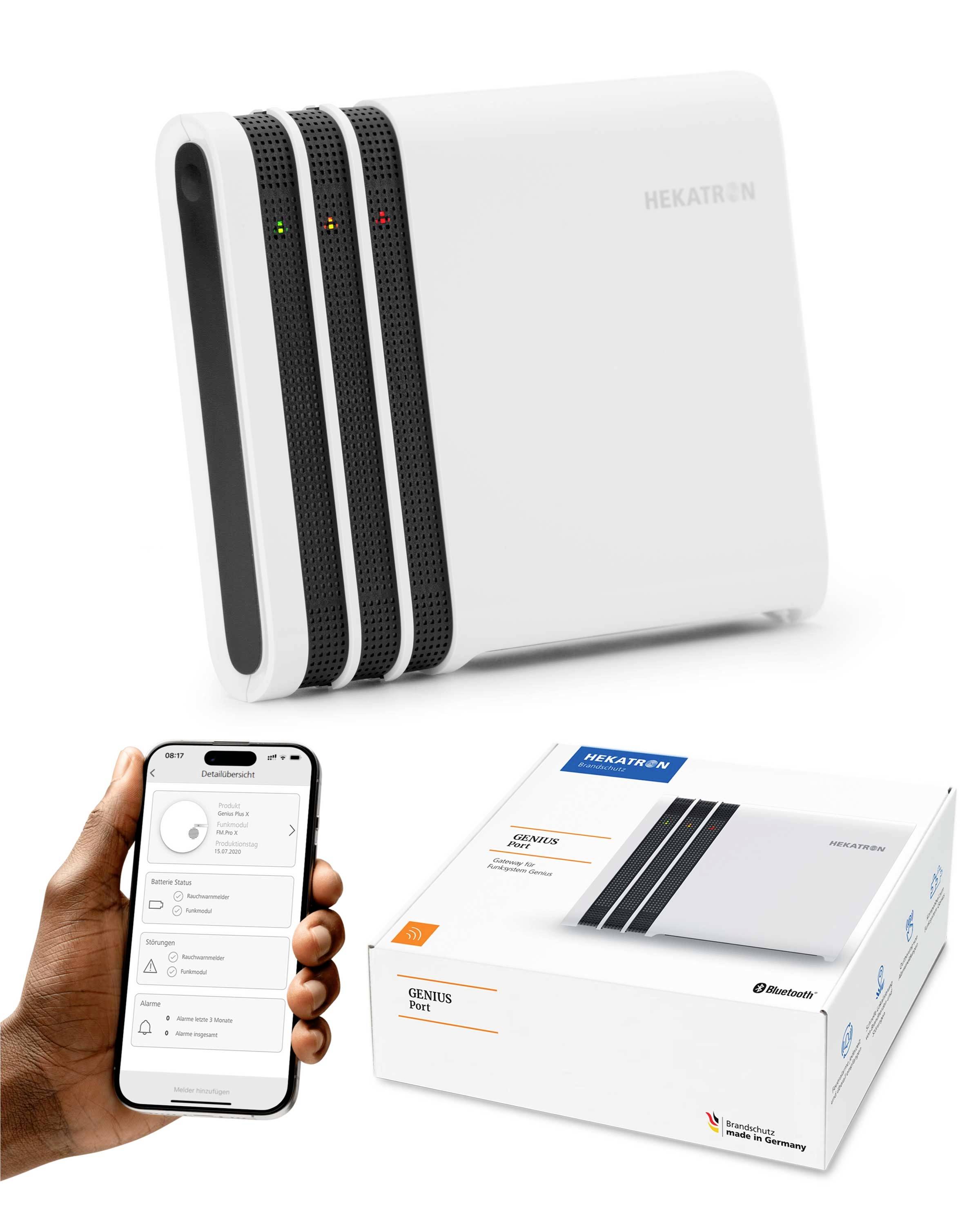 « Un dispositif de surveillance de l'air HEKATRON, présenté avec un smartphone affichant son interface d'application. L'emballage du dispositif est également visible. »