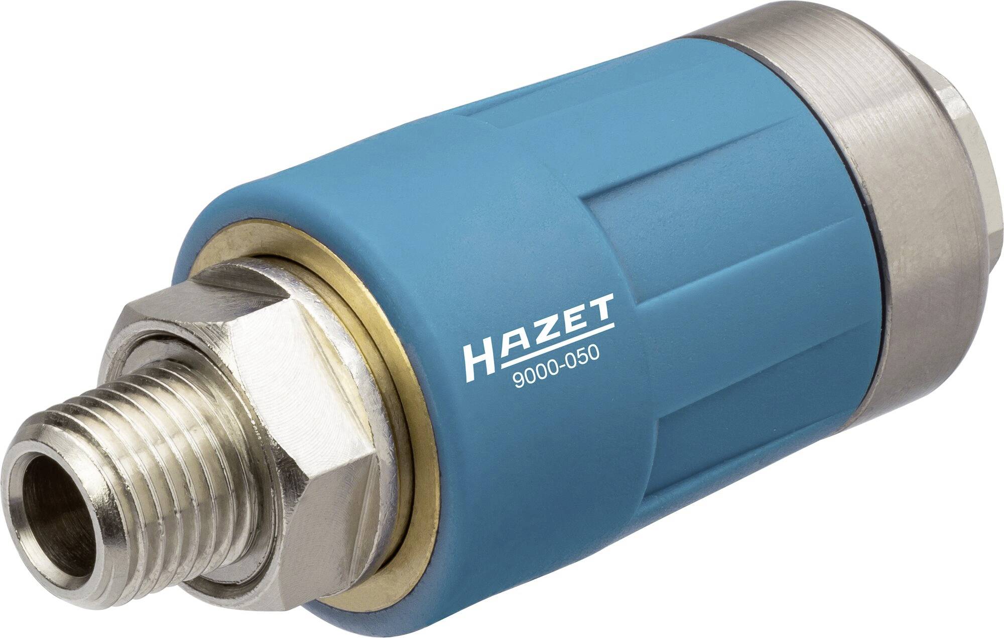 Une pièce d'outil bleue avec un filetage métallique portant l'inscription 'Hazet 9000-050', probablement un adaptateur ou un raccord.
