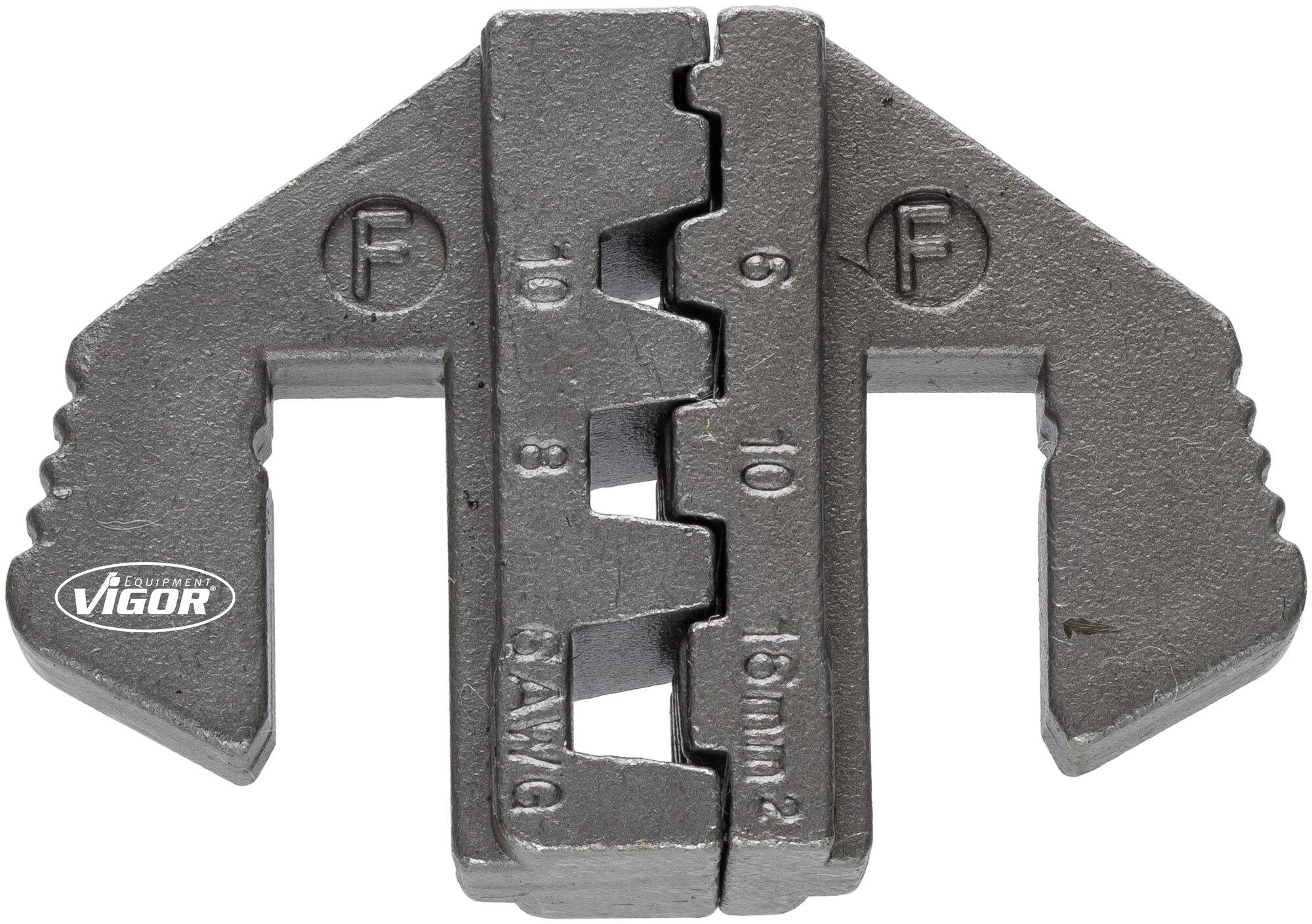 Adaptateur métallique avec des ouvertures progressives de 5 à 16 mm, doté d'échelles gravées pour le mesurage des dimensions. Entouré de marquages 'Vigor'.