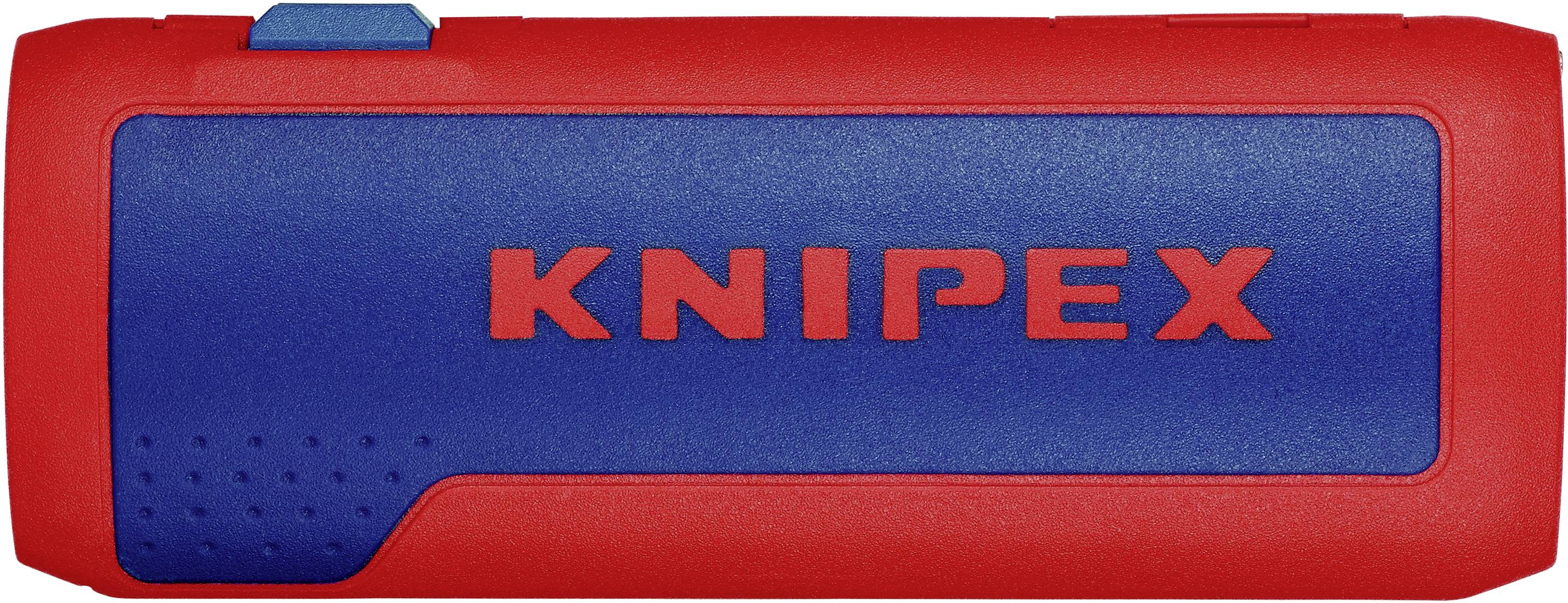 Un boîtier rouge et bleu portant l'inscription 'KNIPEX', probablement un outil ou un accessoire, de forme rectangulaire.