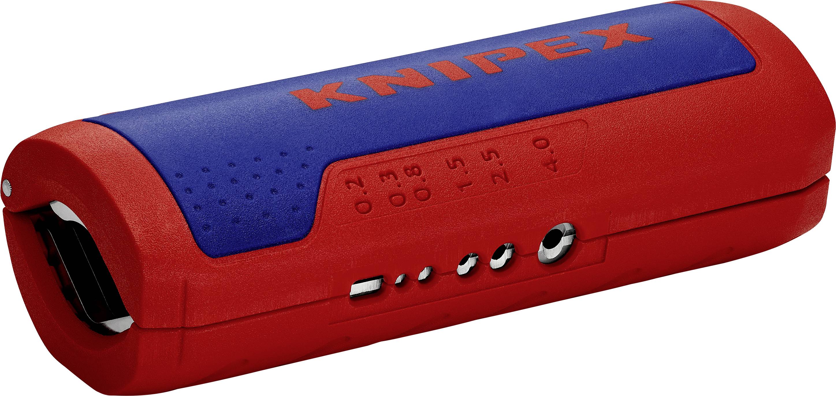 Outil rouge et bleu pour dénuder les câbles, avec des repères de taille sur le côté et un mécanisme à bouton-poussoir.