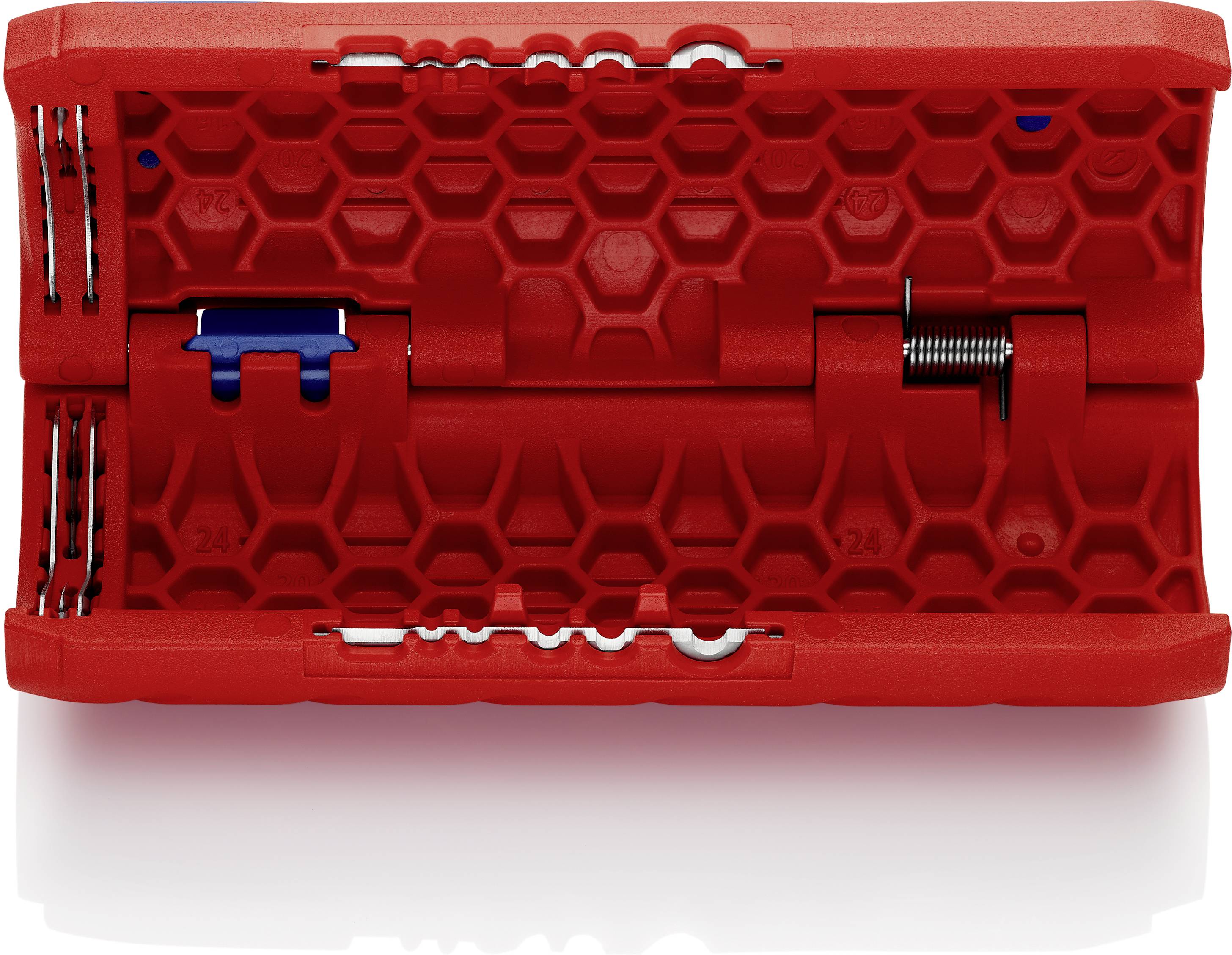 Cheville en plastique rouge avec une structure complexe, un ressort et des éléments métalliques bleus, adaptée pour les fixations murales.