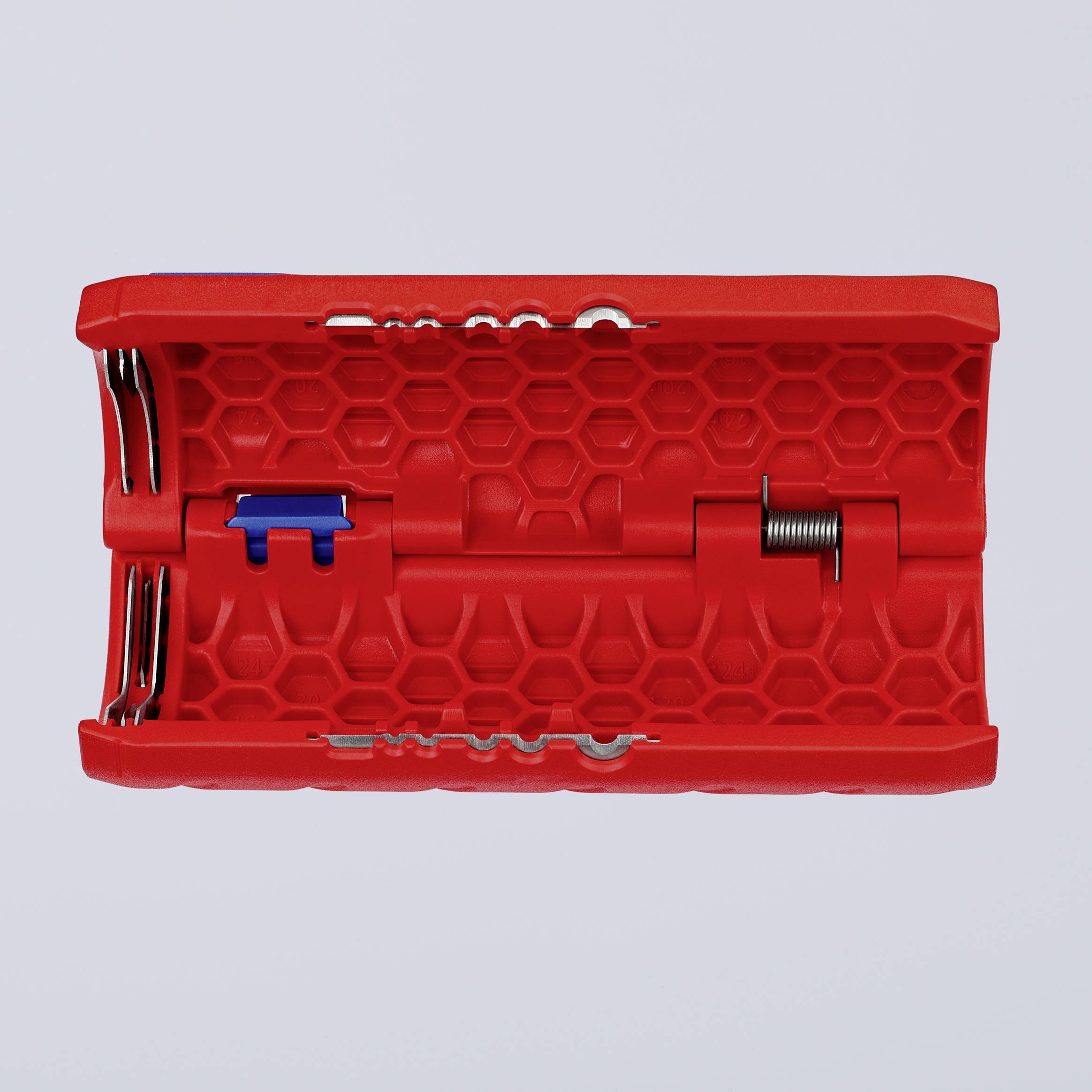 Un cheville rouge à six pans avec un composant bleu et un mécanisme à ressort visible sur un fond gris.