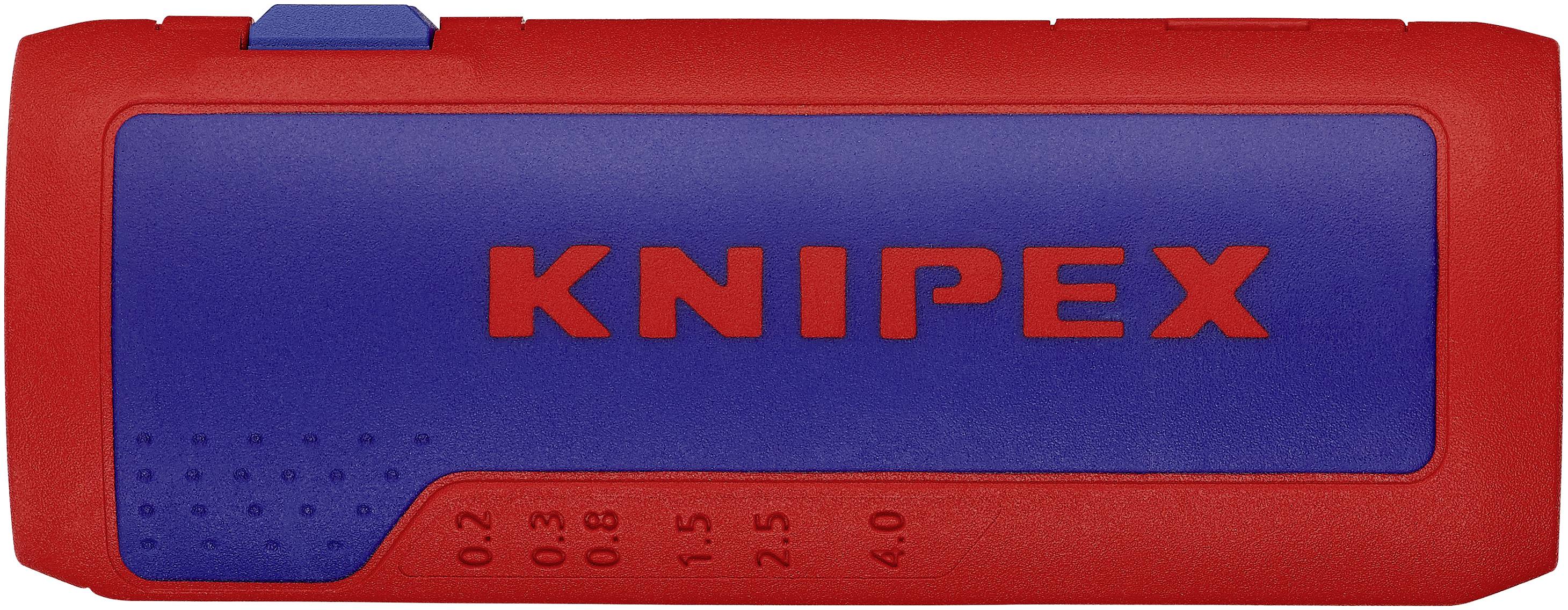 Pince à dénuder KNIPEX rouge et bleue avec des indications de taille de 0,2 à 4,0 mm².