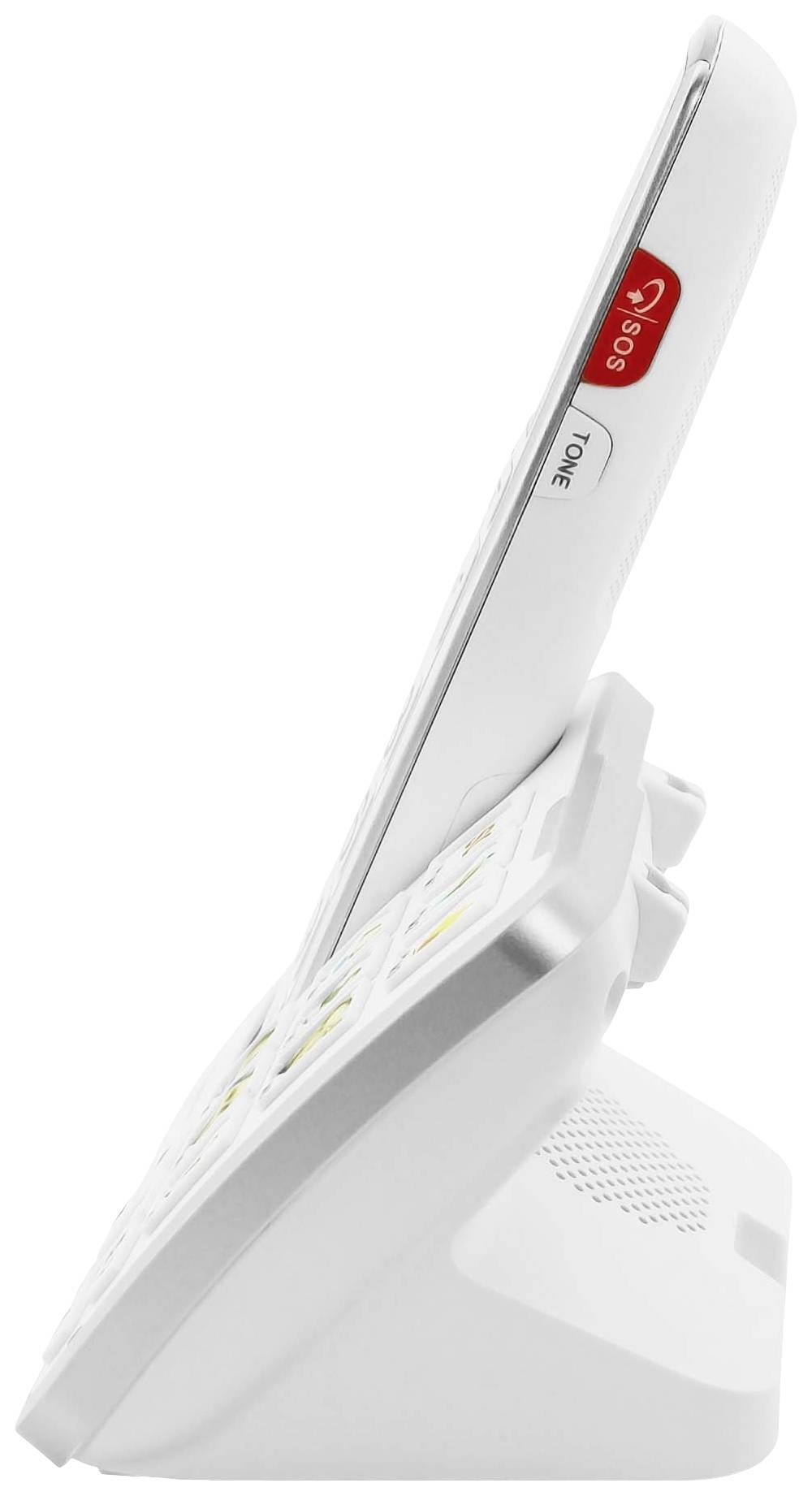 Un téléphone sans fil blanc avec une touche SOS sur le côté et de grandes touches, posé sur sa station de base.
