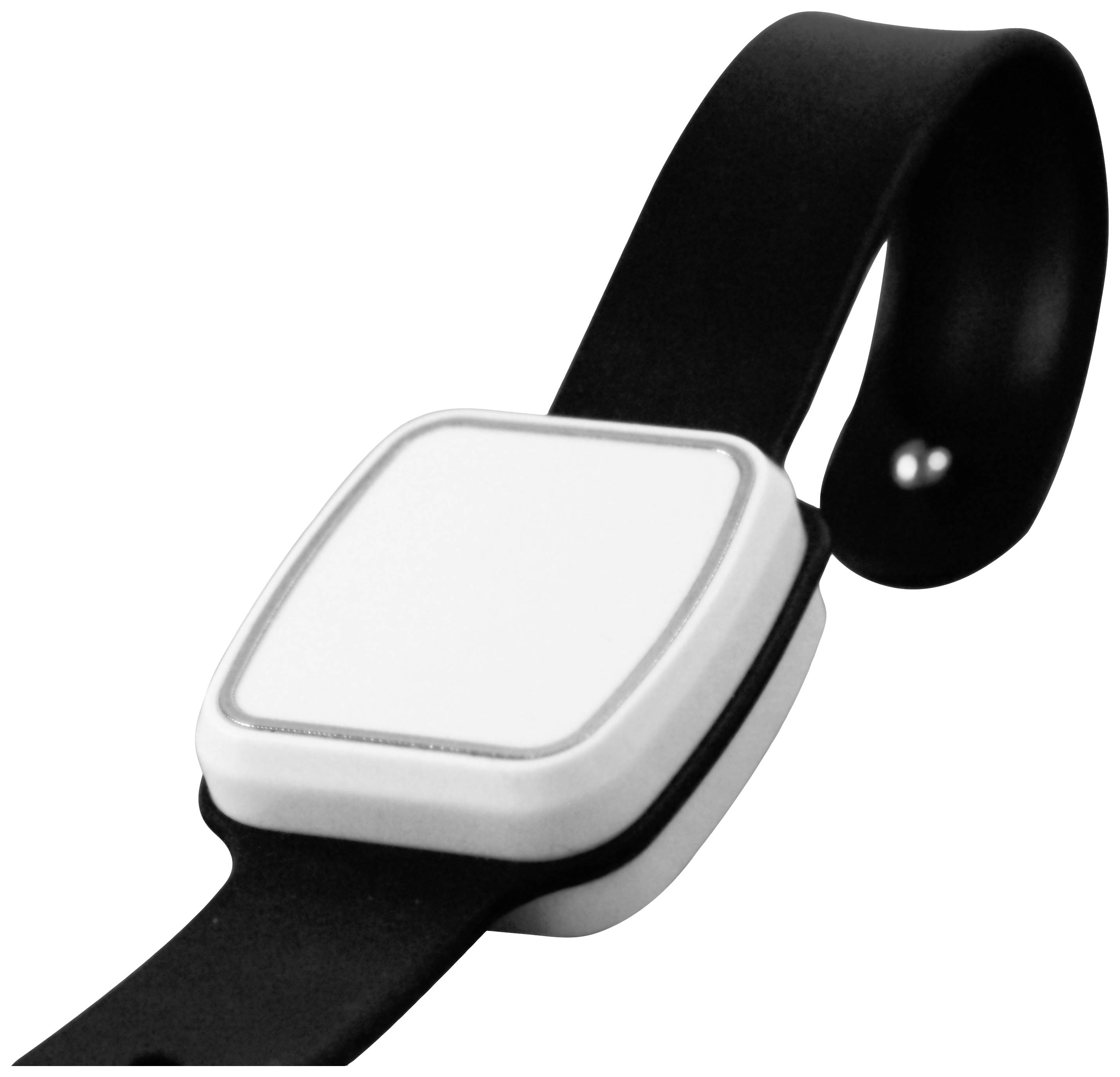 Un appareil portable simple, rectangulaire, avec un écran blanc et un bracelet noir, probablement un tracker de fitness ou une montre connectée.