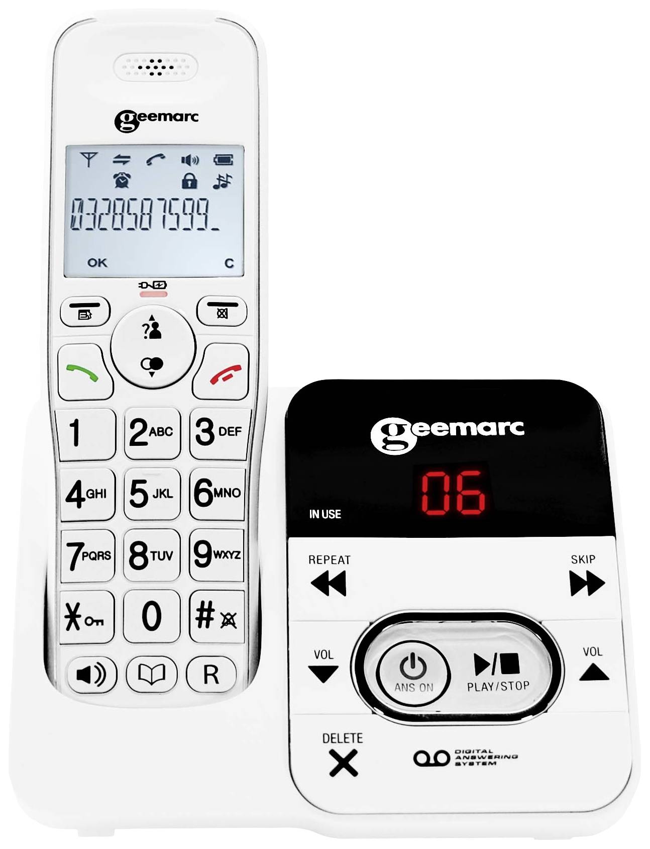 Geemarc AMPLIDECT 295 Téléphone sans fil pour séniors répondeur téléphonique écran éclairé blanc