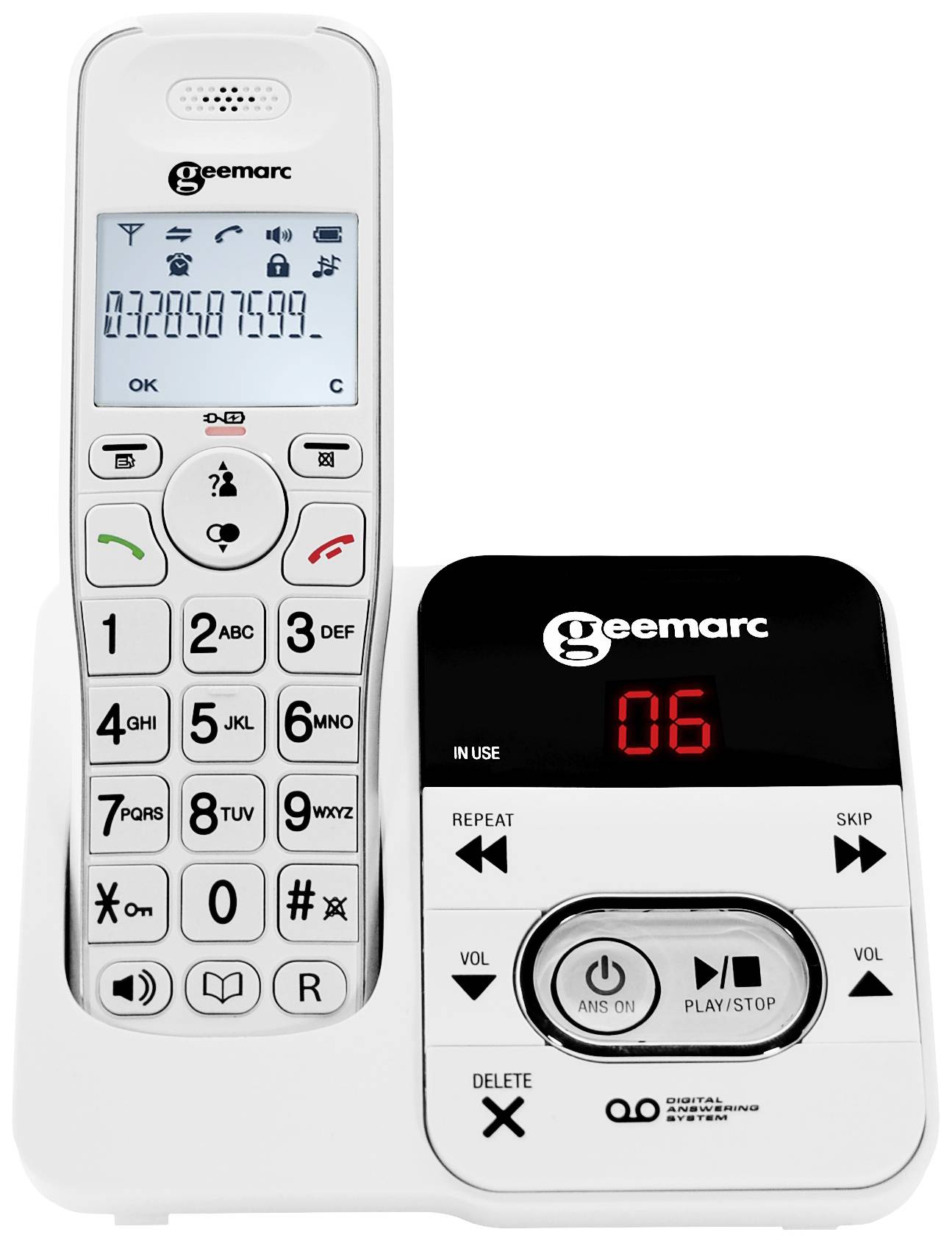 Geemarc AMPLIDECT 295 Téléphone sans fil pour séniors répondeur téléphonique écran éclairé blanc