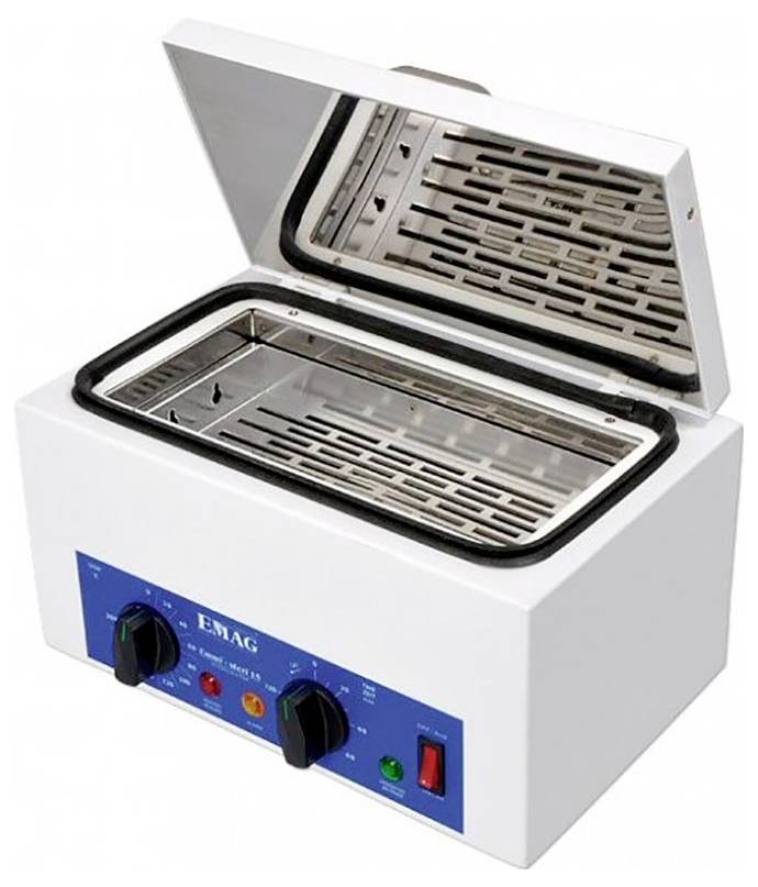 Laboratory ultrasonic cleaner with open lid and control dials on the front panel.