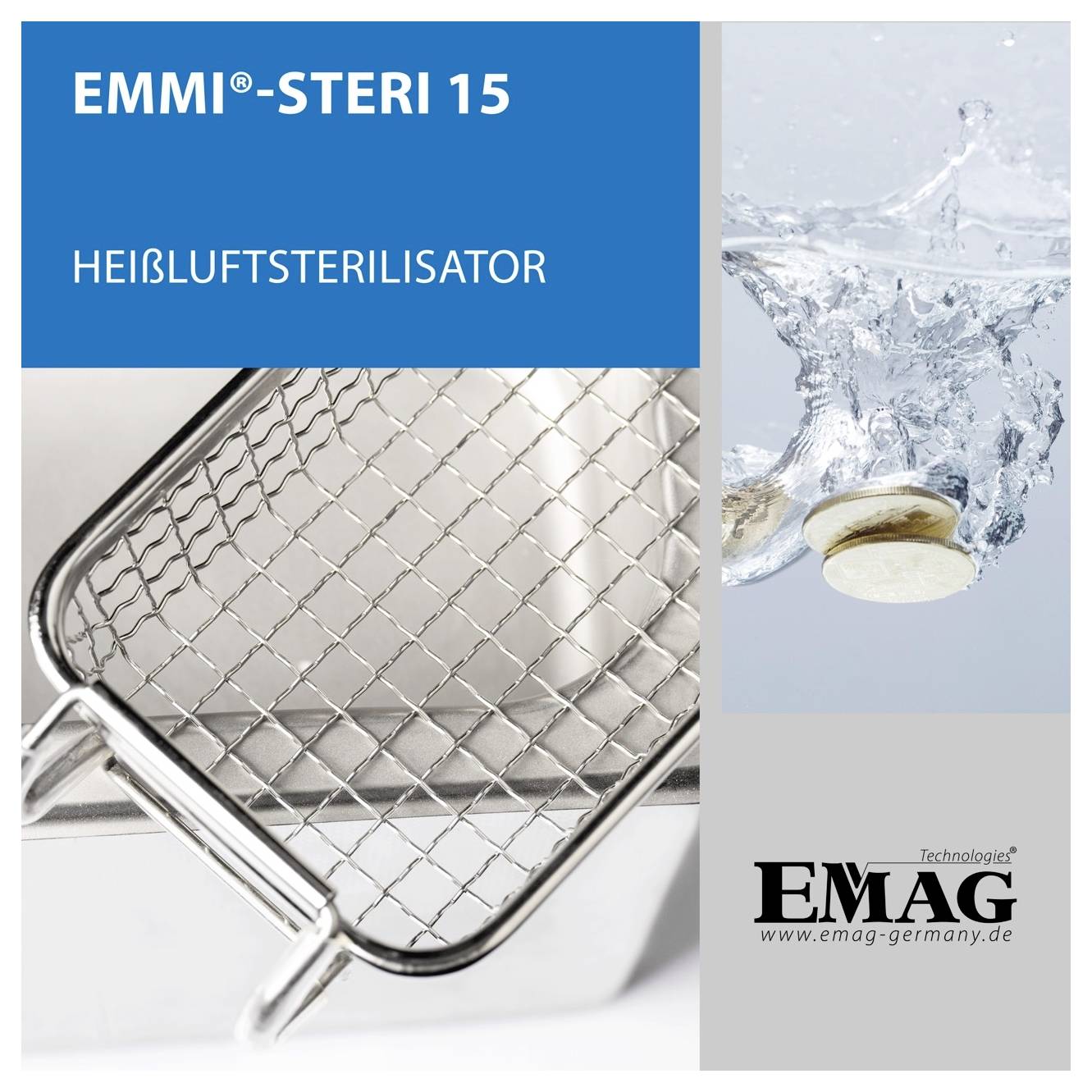 Werbeanzeige für den Heißluftsterilisator 'EMMI-STERI 15' von EMAG, mit Produktfoto und Spritzwasser-Motiv.