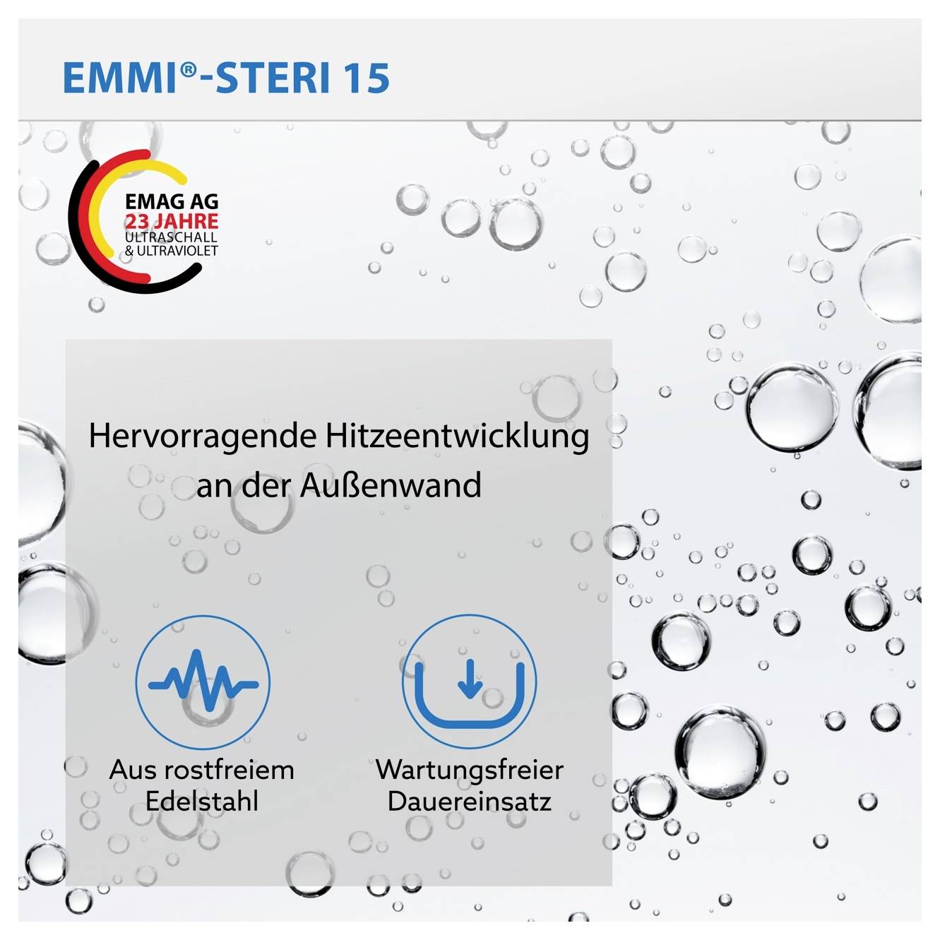 Werbegrafik für 'EMMI®-STERI 15' mit 23-Jahre-Siegel; nennt hervorragende Hitzeentwicklung an der Außenwand, aus rostfreiem Edelstahl und wartungsfreien Dauereinsatz.