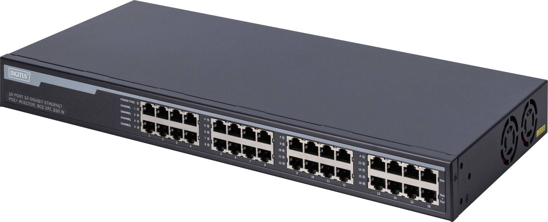 Commutateur réseau avec 24 ports Ethernet. Boîtier noir, conçu pour les entreprises ou les grandes infrastructures réseau.