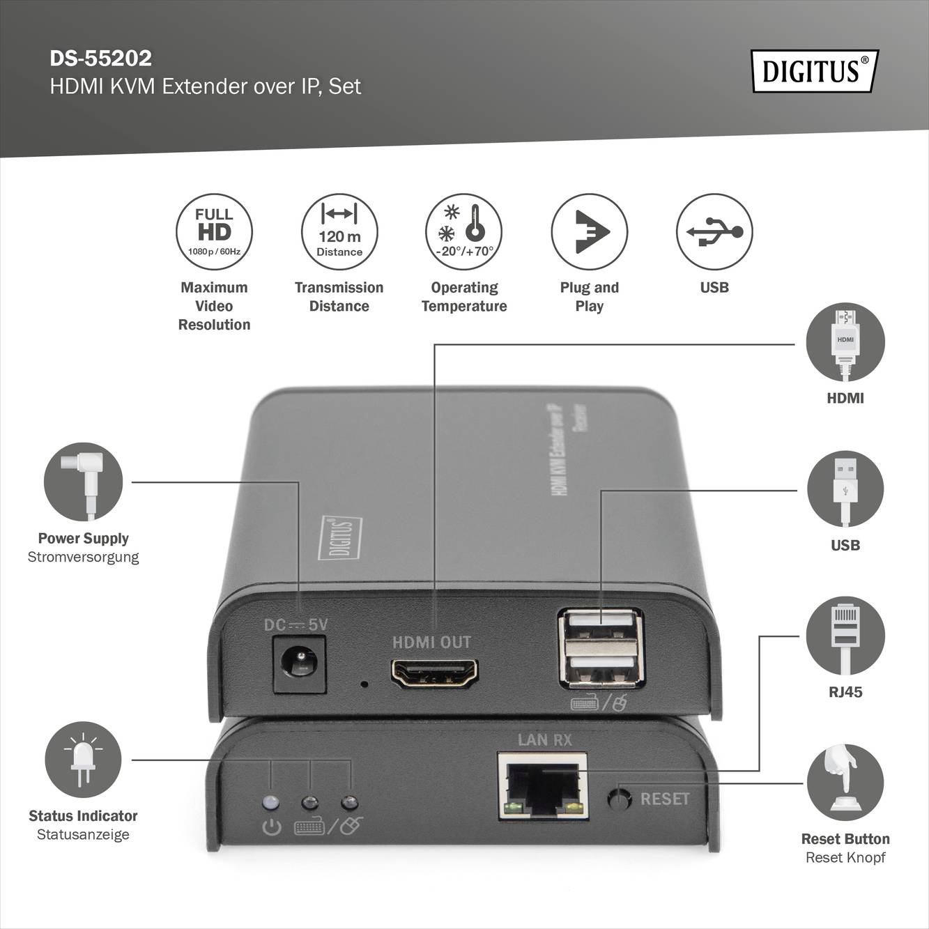 Digitus DS-55202 HDMI™ câble réseau RJ45 120 m