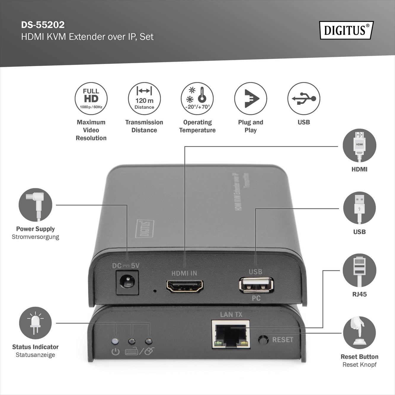 Digitus DS-55202 HDMI™ câble réseau RJ45 120 m