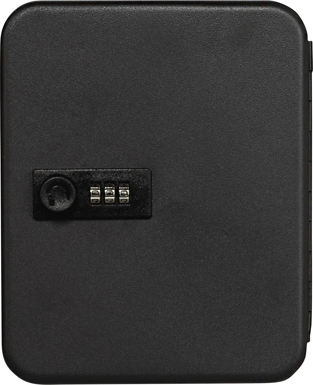 Boîte à code noir rectangulaire avec trois rouleaux de chiffres et un compartiment de verrouillage.